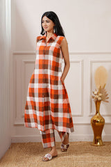 Brown Check Cotton Straight Kurta & Pant - Ritivesh By Ritika Aggarwal