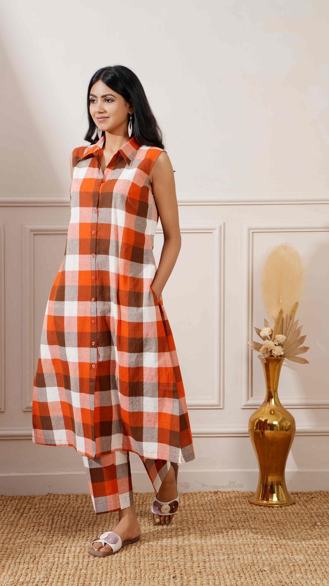 Brown Check Cotton Straight Kurta & Pant - Ritivesh By Ritika Aggarwal