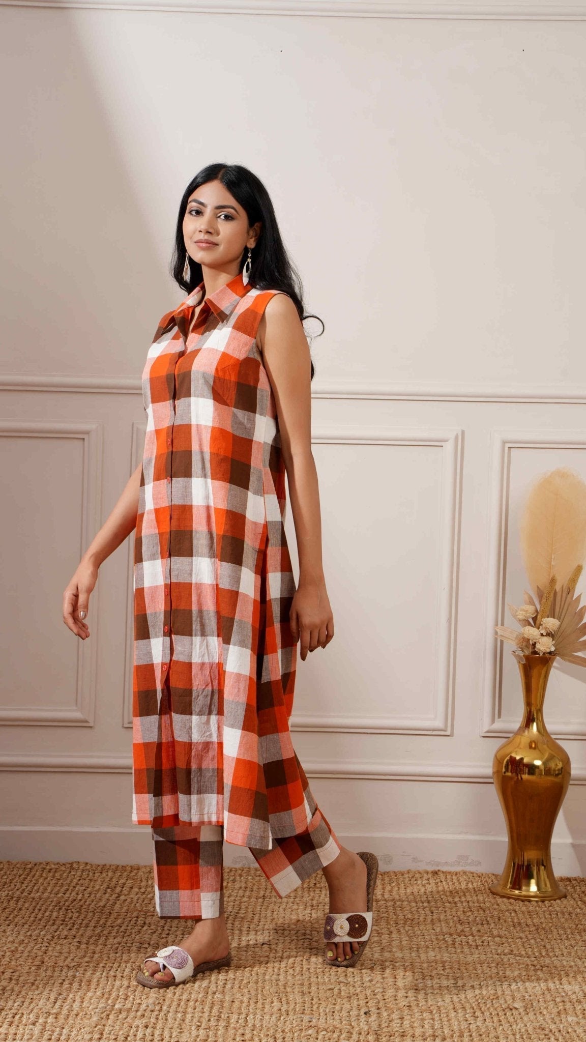 Brown Check Cotton Straight Kurta & Pant - Ritivesh By Ritika Aggarwal