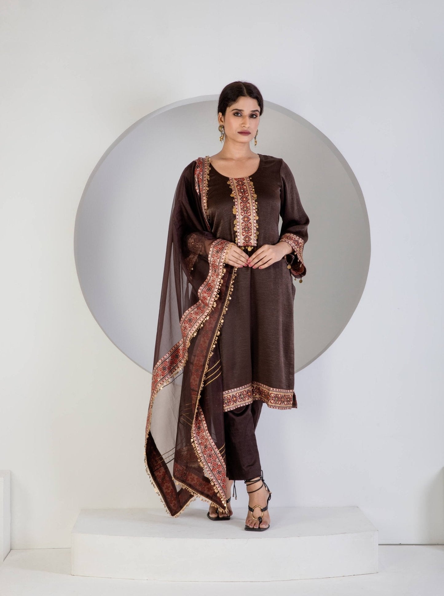 Brown suit with Lycra pant and Dupatta - Ritivesh By Ritika Aggarwal