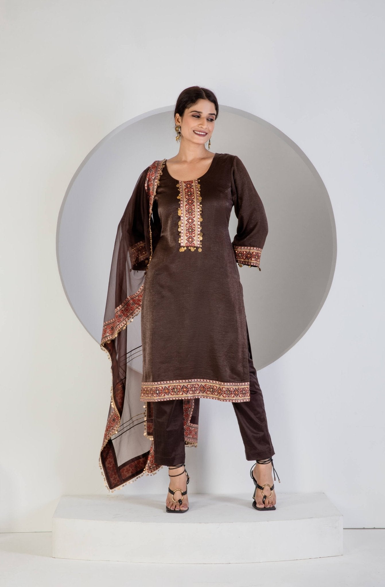 Brown suit with Lycra pant and Dupatta - Ritivesh By Ritika Aggarwal
