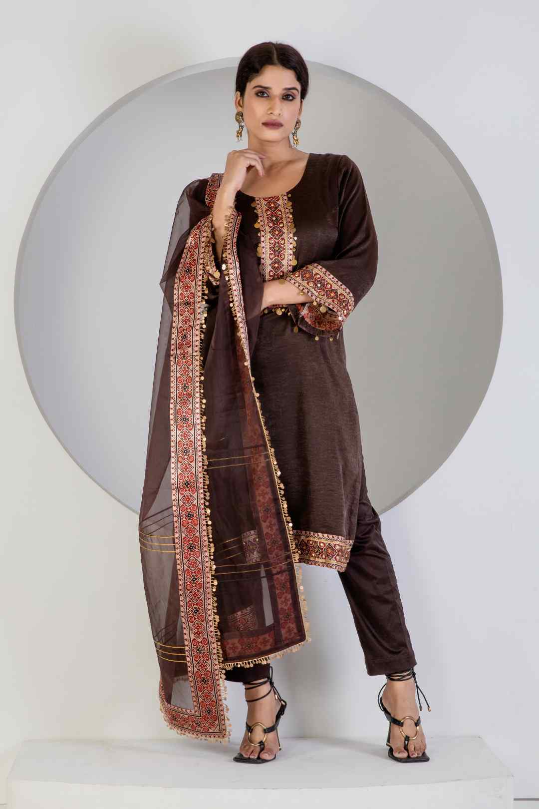 Brown suit with Lycra pant and Dupatta - Ritivesh By Ritika Aggarwal