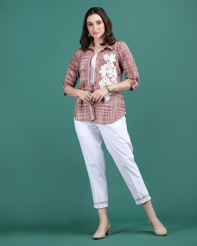 CHARM | Red cotton Shirt with crochet flower - Ritivesh By Ritika Aggarwal