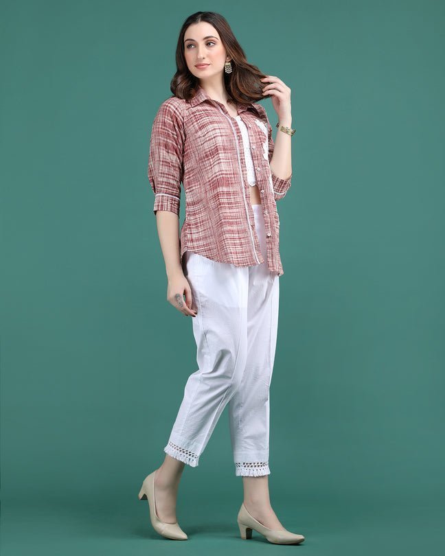 CHARM | Red cotton Shirt with crochet flower - Ritivesh By Ritika Aggarwal