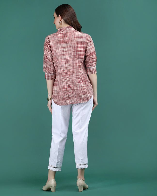 CHARM | Red cotton Shirt with crochet flower - Ritivesh By Ritika Aggarwal