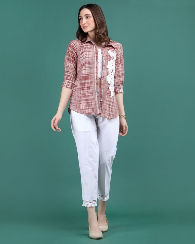 CHARM | Red cotton Shirt with crochet flower - Ritivesh By Ritika Aggarwal