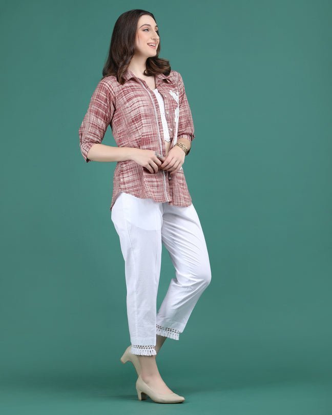 CHARM | Red cotton Shirt with crochet flower - Ritivesh By Ritika Aggarwal
