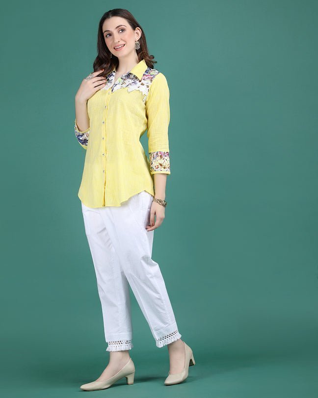 CITRINE | Lemon cotton shirt with crochet yoke - Ritivesh By Ritika Aggarwal