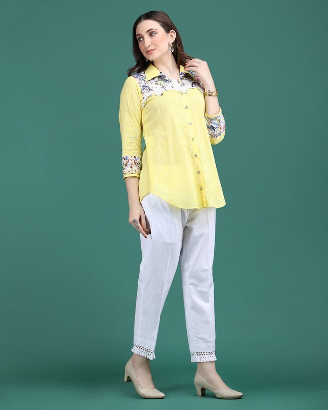 CITRINE | Lemon cotton shirt with crochet yoke - Ritivesh By Ritika Aggarwal