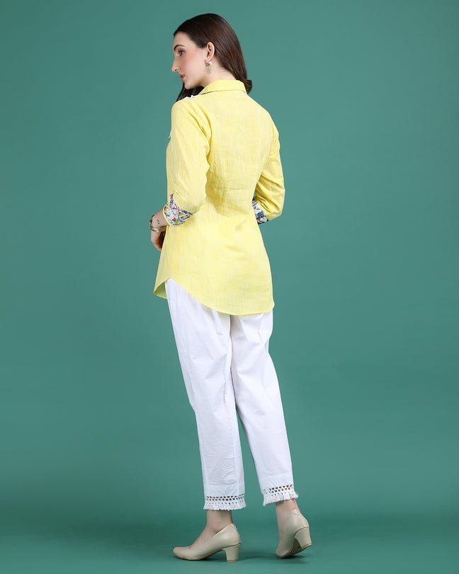 CITRINE | Lemon cotton shirt with crochet yoke - Ritivesh By Ritika Aggarwal
