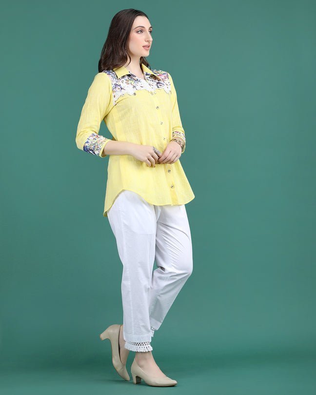 CITRINE | Lemon cotton shirt with crochet yoke - Ritivesh By Ritika Aggarwal