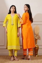 Corn Yellow Slub Handloom Cotton Straight Kurta & Pant - Ritivesh By Ritika Aggarwal