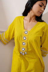 Corn Yellow Slub Handloom Cotton Straight Kurta & Pant - Ritivesh By Ritika Aggarwal
