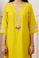 Corn Yellow Slub Handloom Cotton Straight Kurta & Pant - Ritivesh By Ritika Aggarwal