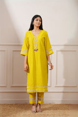 Corn Yellow Slub Handloom Cotton Straight Kurta & Pant - Ritivesh By Ritika Aggarwal