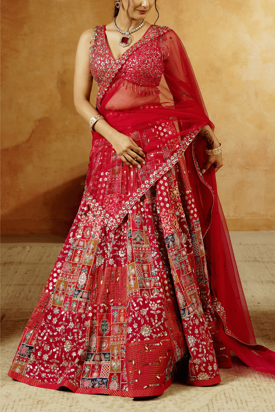 Crimson Red Lehenga Choli with Sequins & Hand Embroidery - Ritivesh By Ritika Aggarwal