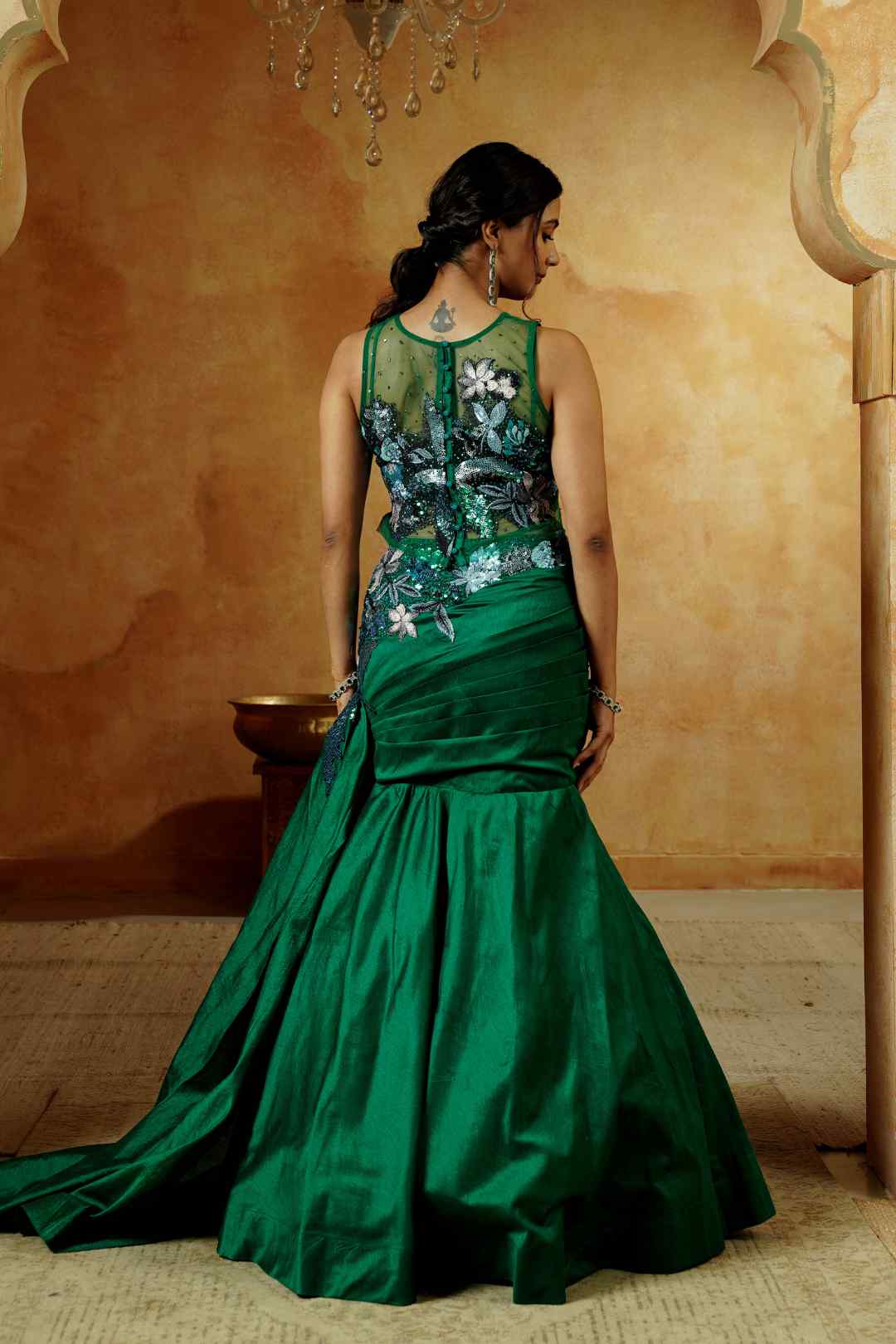 Emerald Green Embroidered Gown Set - Ritivesh By Ritika Aggarwal