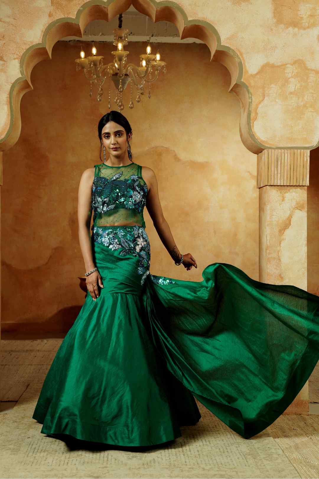 Emerald Green Embroidered Gown Set - Ritivesh By Ritika Aggarwal