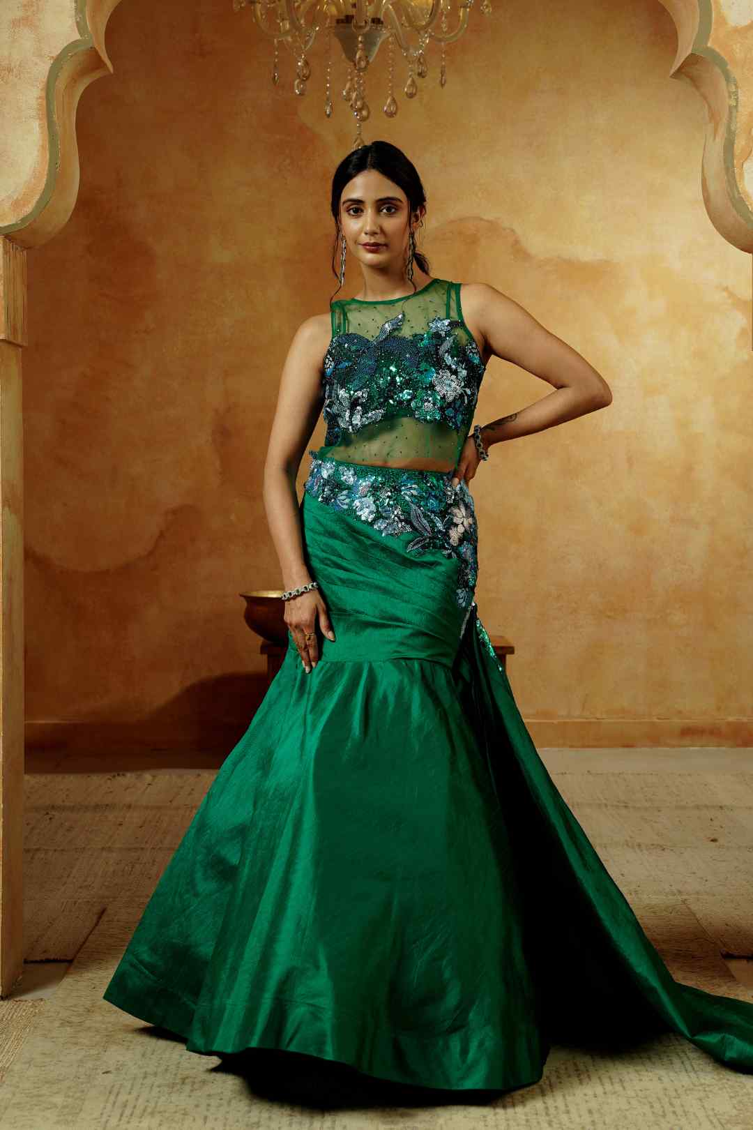 Emerald Green Embroidered Gown Set - Ritivesh By Ritika Aggarwal