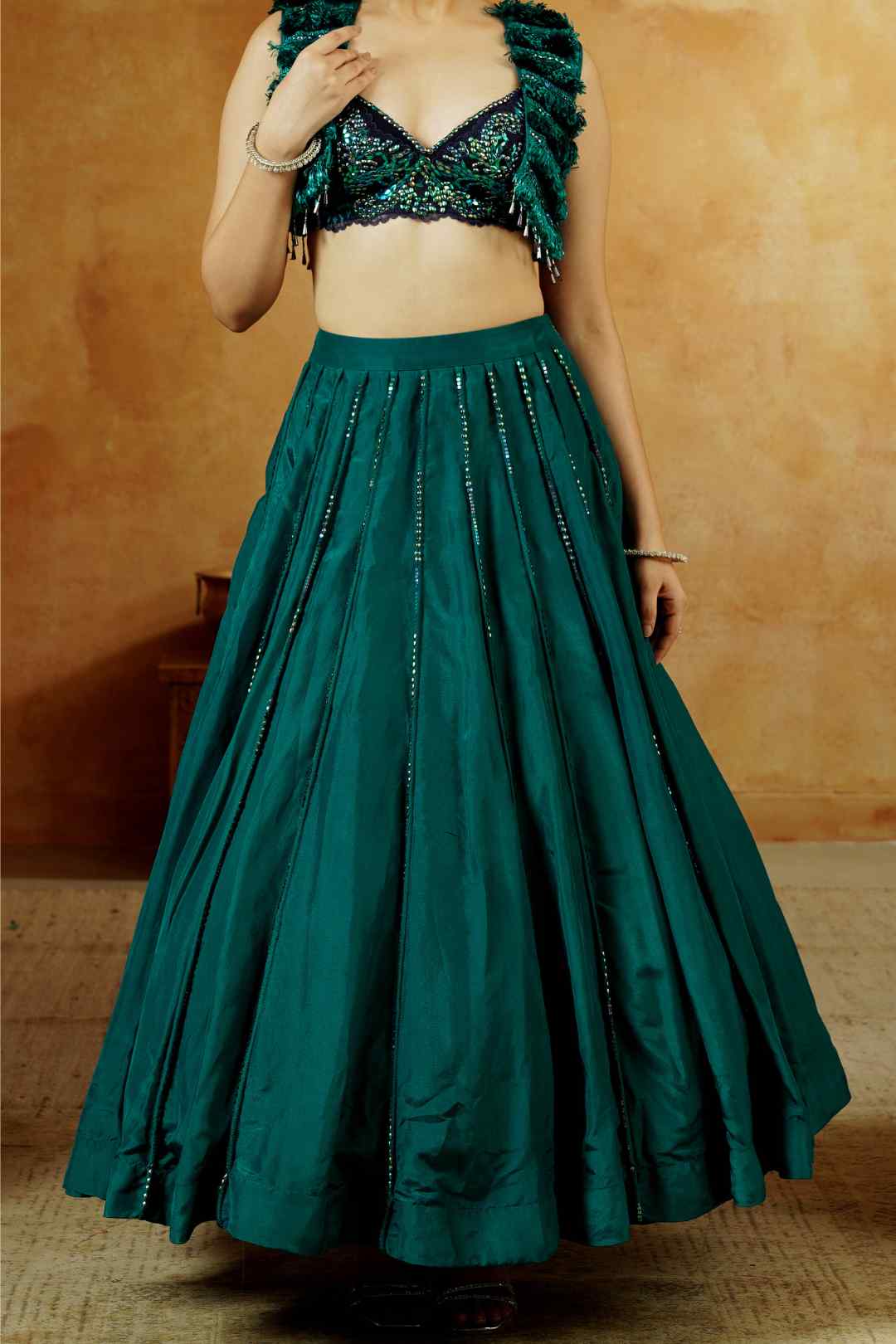 Emerald Green Ruffle Blouse with jacket Lehenga Set - Ritivesh By Ritika Aggarwal