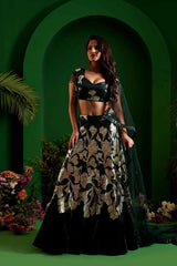 FERISHA - Green Lehenga With Floral Embroidery and Sequin Work - Ritivesh By Ritika Aggarwal