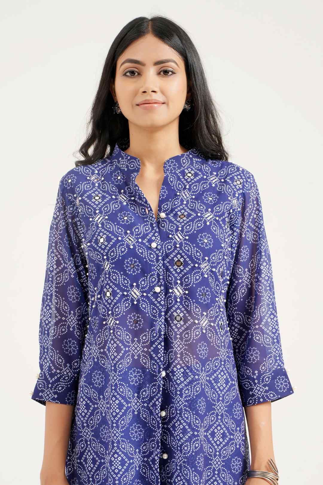 Georgette Bandhej Straight Kurta Pant Set - Ritivesh By Ritika Aggarwal