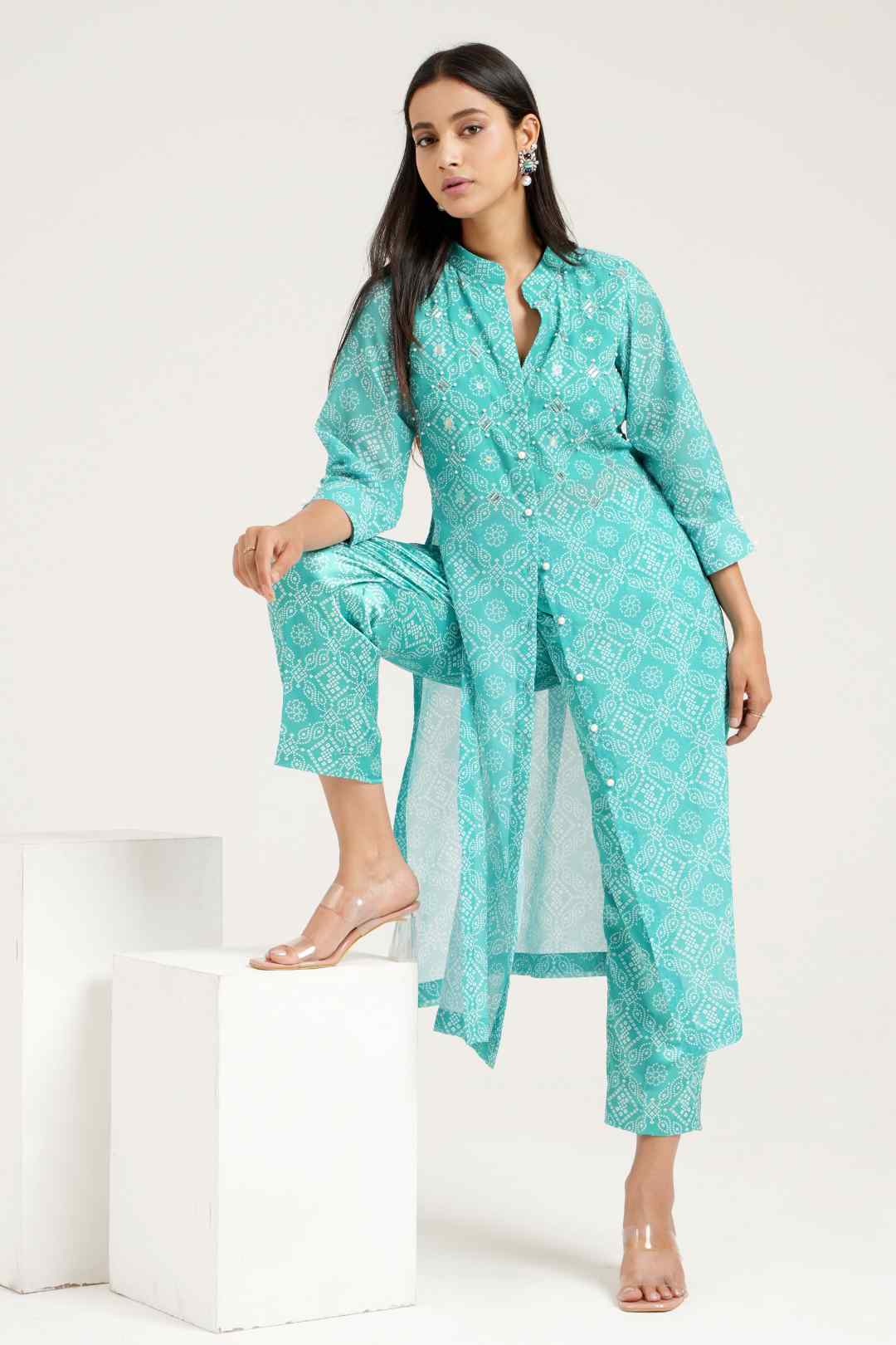 Georgette Bandhej Straight Kurta Pant Set - Ritivesh By Ritika Aggarwal