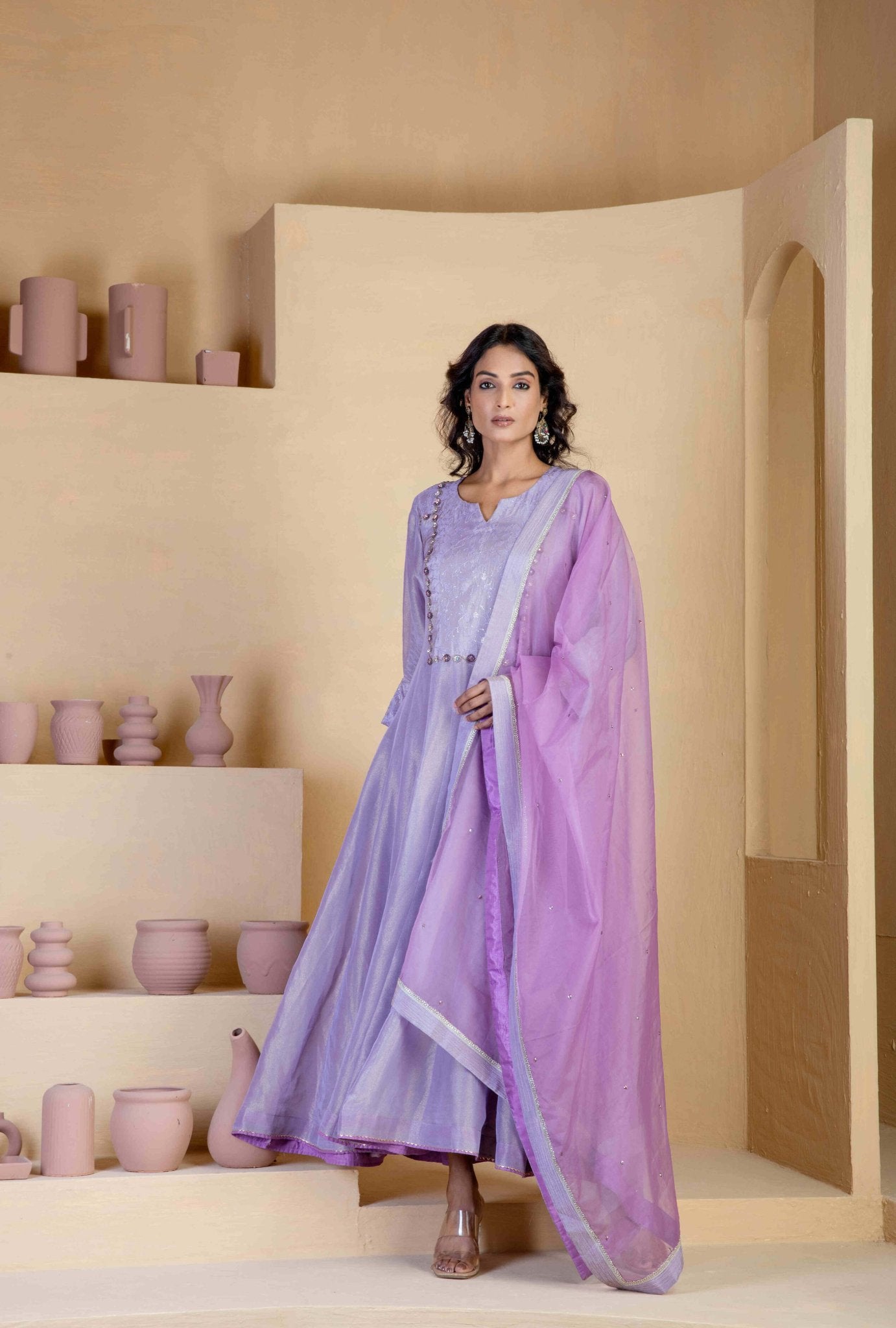 Golden shimmer Silk Tissue Anarkali Kurta Sets - Ritivesh By Ritika Aggarwal