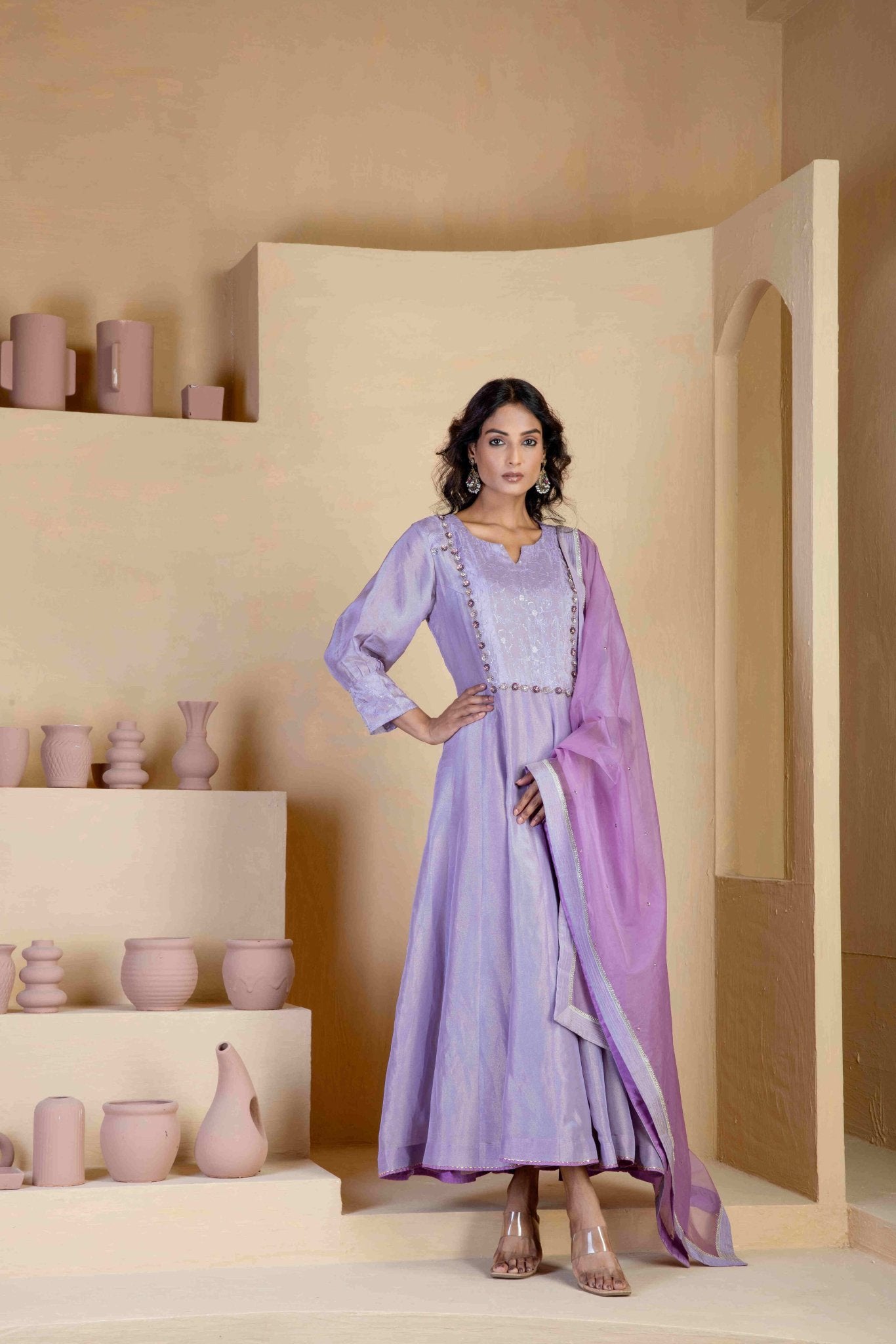Golden shimmer Silk Tissue Anarkali Kurta Sets - Ritivesh By Ritika Aggarwal