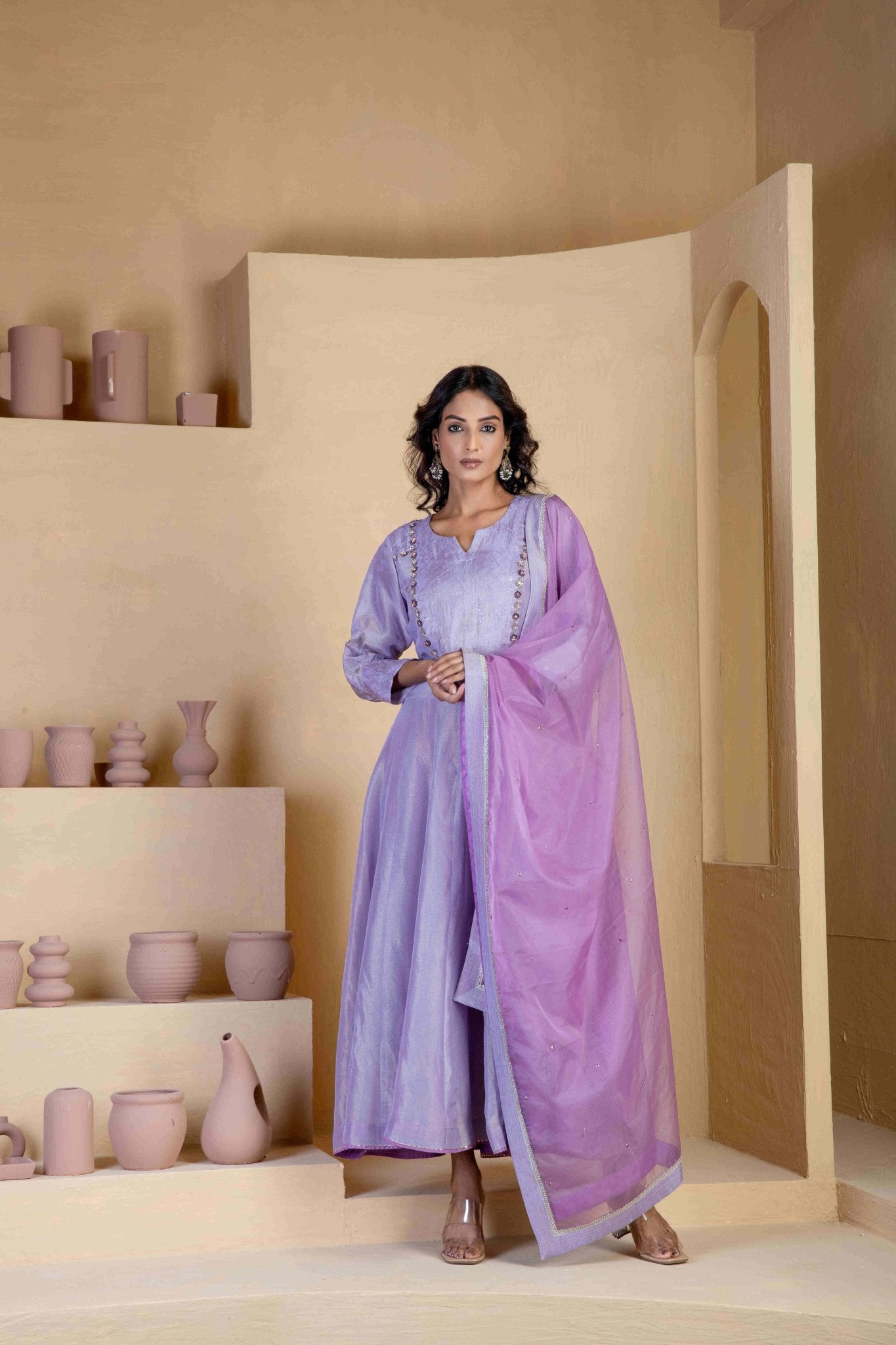 Golden shimmer Silk Tissue Anarkali Kurta Sets - Ritivesh By Ritika Aggarwal