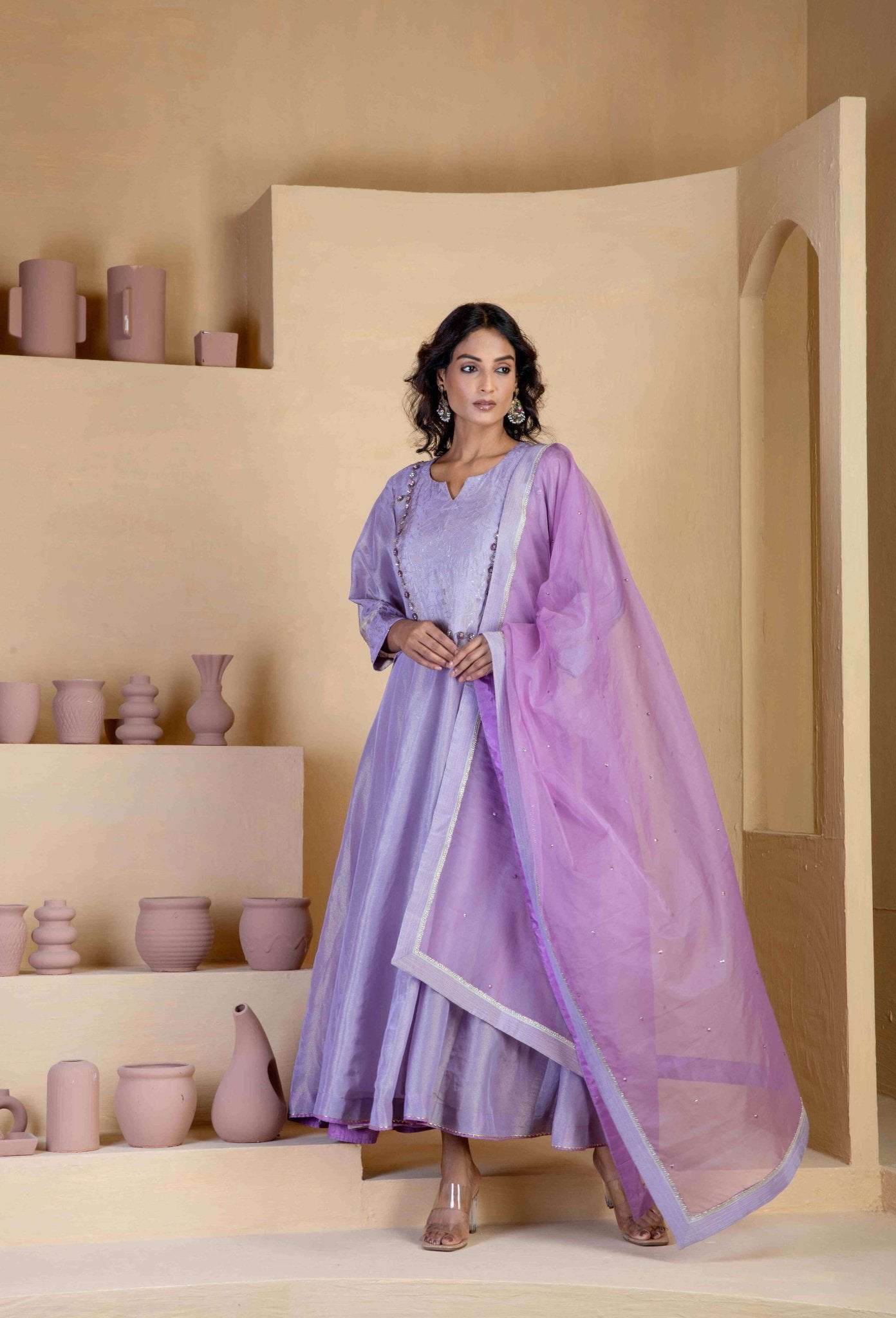 Golden shimmer Silk Tissue Anarkali Kurta Sets - Ritivesh By Ritika Aggarwal