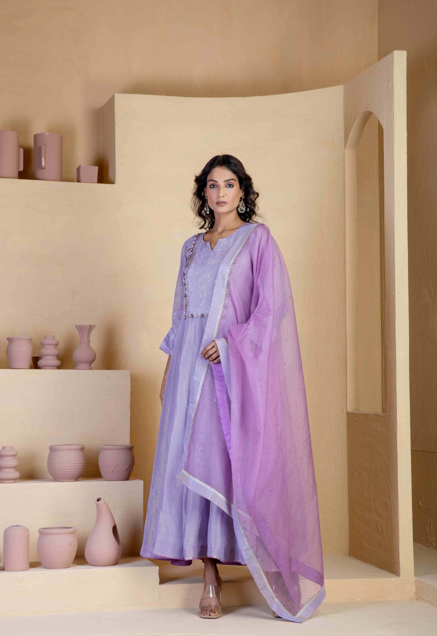 Golden shimmer Silk Tissue Anarkali Kurta Sets - Ritivesh By Ritika Aggarwal