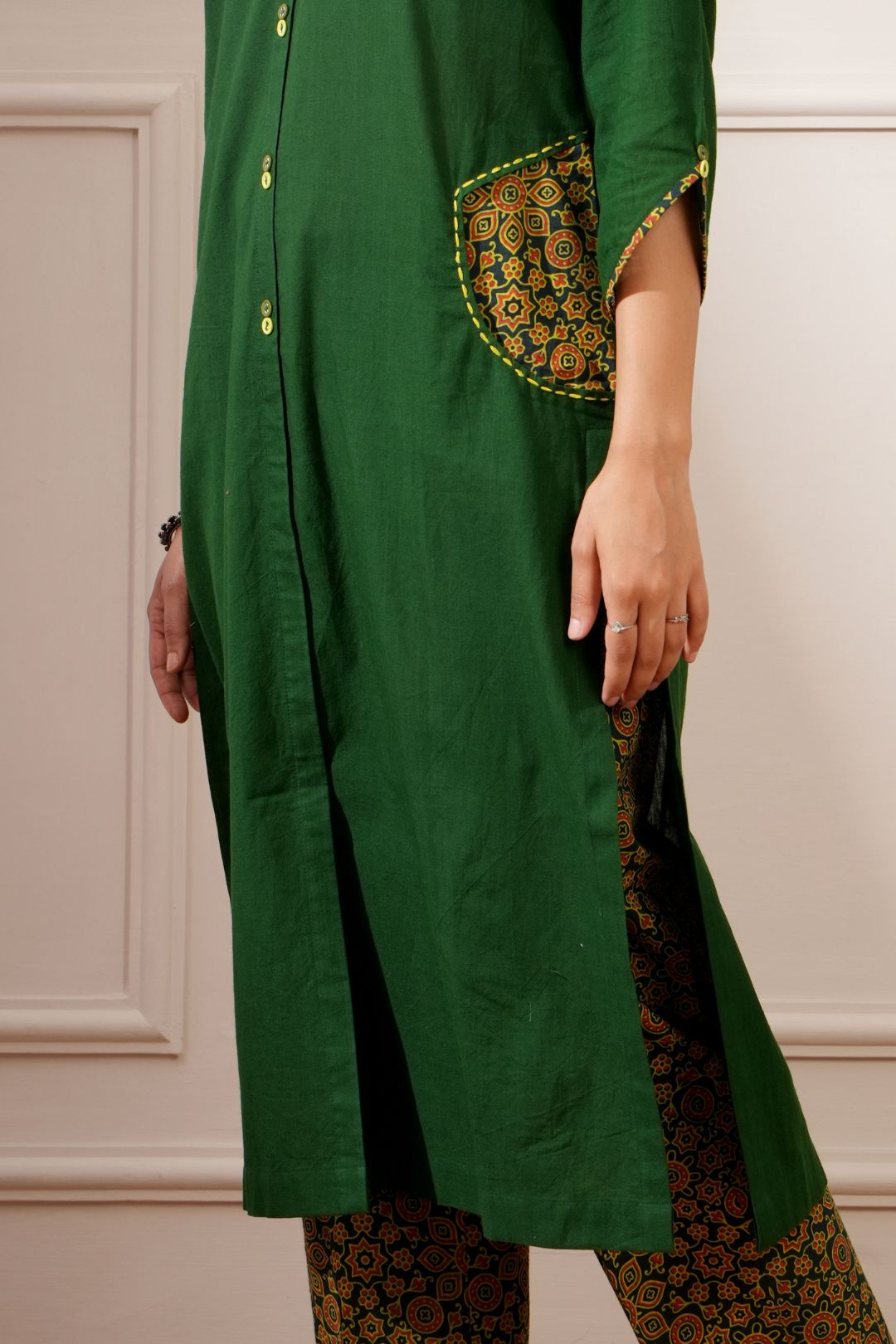 Green Ajrakh Cotton Handcrafted Straight Kurta & Pant - Ritivesh By Ritika Aggarwal