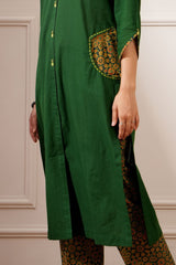 Green Ajrakh Cotton Handcrafted Straight Kurta & Pant - Ritivesh By Ritika Aggarwal