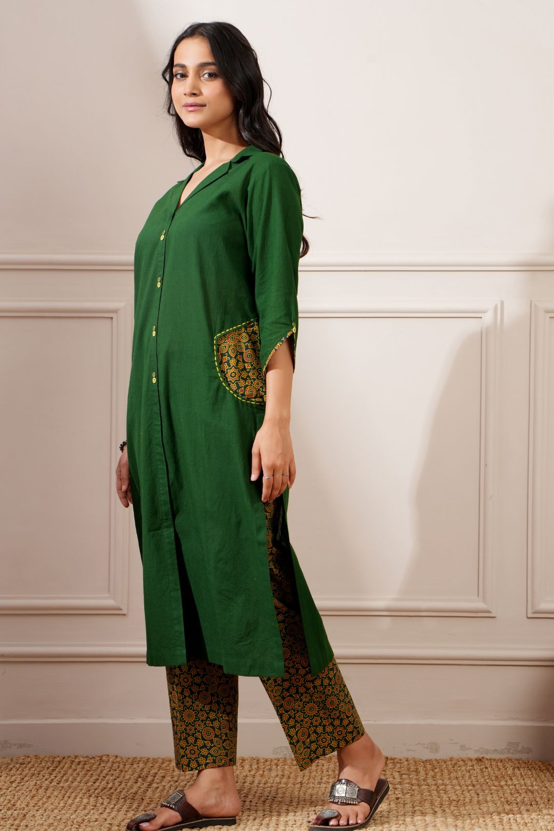 Green Ajrakh Cotton Handcrafted Straight Kurta & Pant - Ritivesh By Ritika Aggarwal
