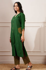 Green Ajrakh Cotton Handcrafted Straight Kurta & Pant - Ritivesh By Ritika Aggarwal