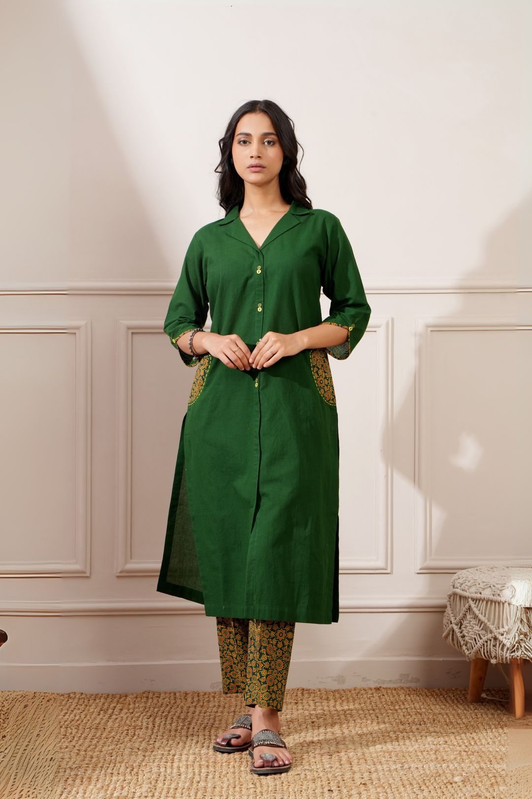 Green Ajrakh Cotton Handcrafted Straight Kurta & Pant - Ritivesh By Ritika Aggarwal
