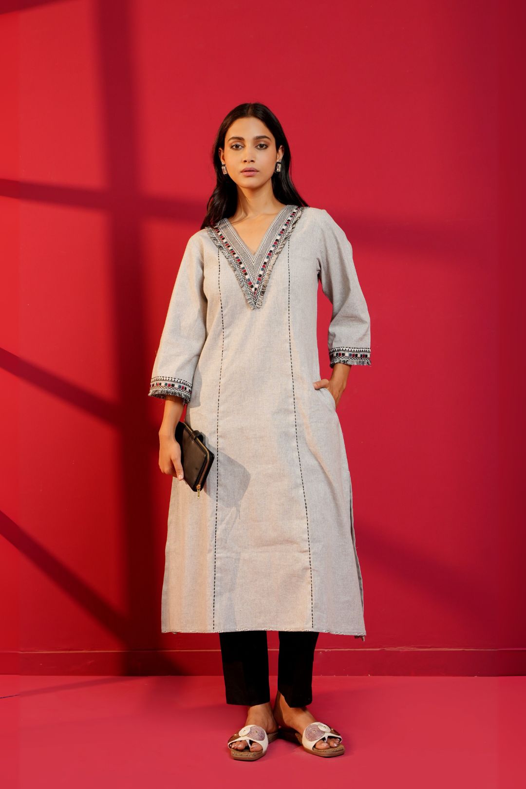 Grey Khadi Cotton Hand - Crafted Straight Kurta & Pant - Ritivesh By Ritika Aggarwal
