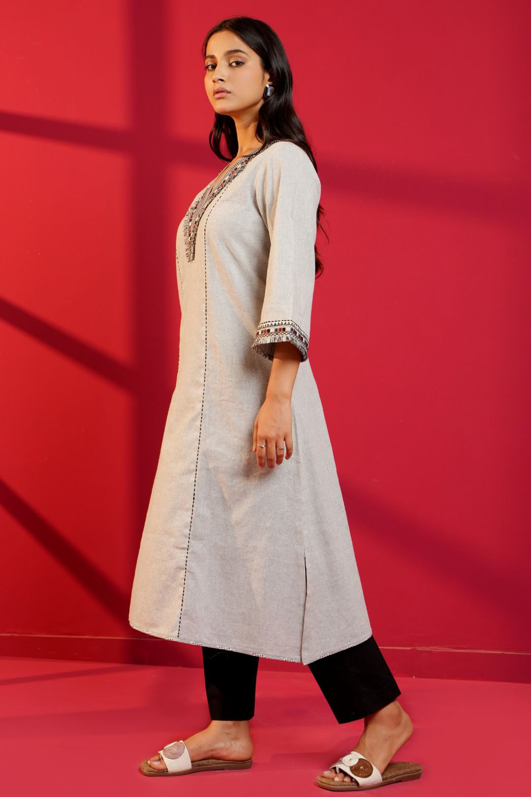 Grey Khadi Cotton Hand - Crafted Straight Kurta & Pant - Ritivesh By Ritika Aggarwal