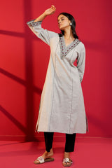 Grey Khadi Cotton Hand - Crafted Straight Kurta & Pant - Ritivesh By Ritika Aggarwal