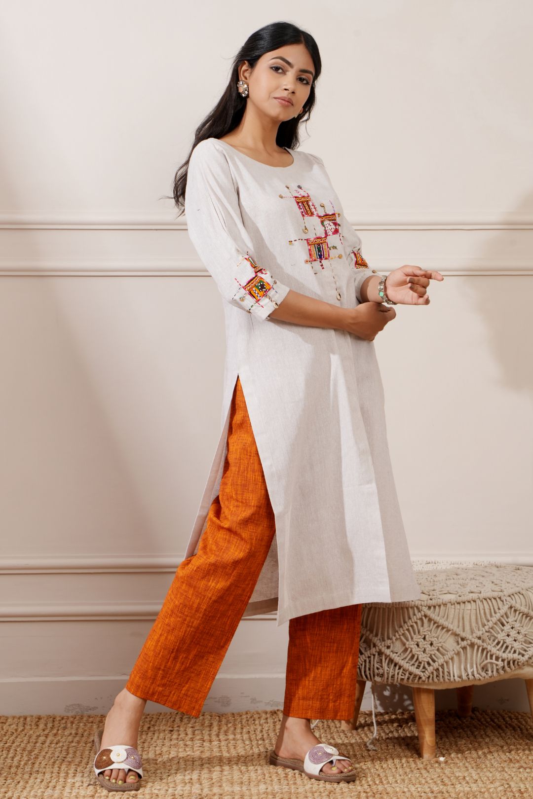 Grey Cotton Handcrafted Straight Kurta & Pant - Ritivesh By Ritika Aggarwal