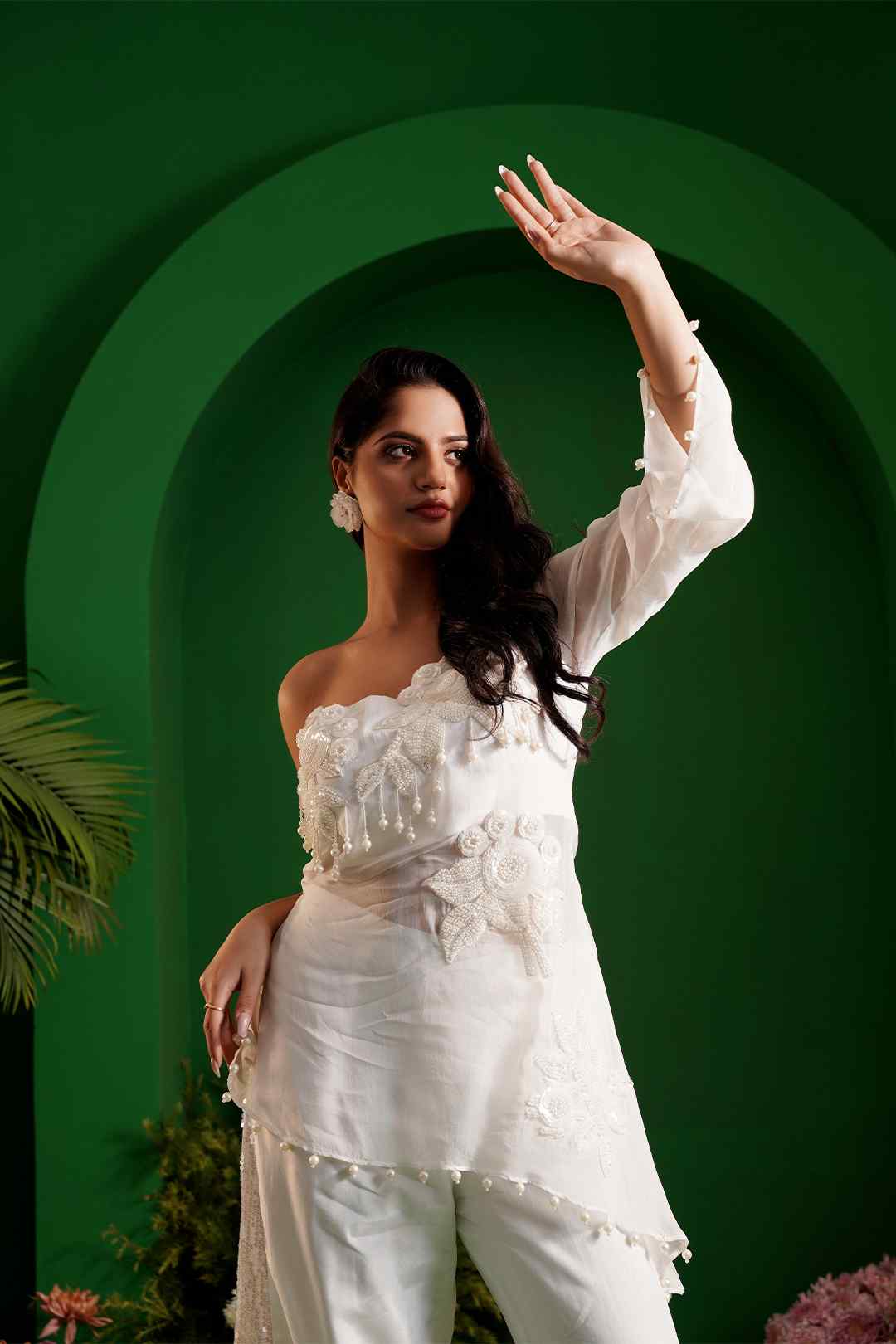 INARA - White Embroidered One - Shoulder Organza Top and Pants - Ritivesh By Ritika Aggarwal