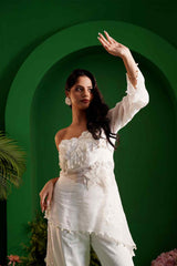 INARA - White Embroidered One - Shoulder Organza Top and Pants - Ritivesh By Ritika Aggarwal
