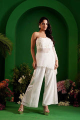 INARA - White Embroidered One - Shoulder Organza Top and Pants - Ritivesh By Ritika Aggarwal