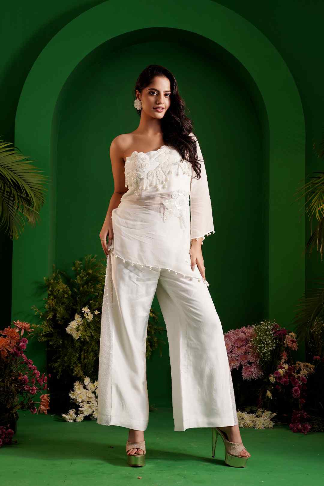 INARA - White Embroidered One - Shoulder Organza Top and Pants - Ritivesh By Ritika Aggarwal