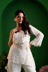 INARA - White Embroidered One - Shoulder Organza Top and Pants - Ritivesh By Ritika Aggarwal