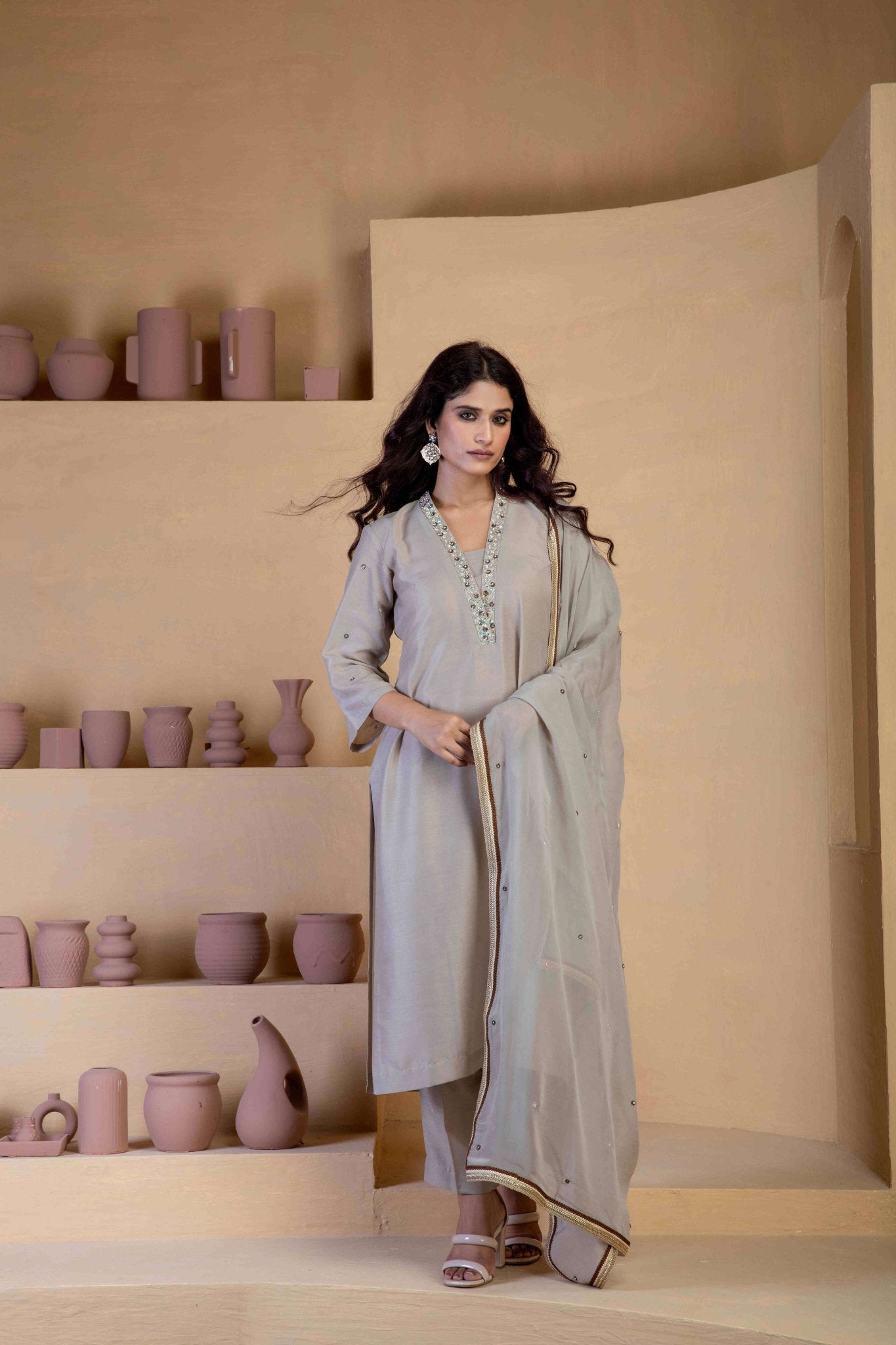Latte Beize Muslin Kalidar Kurta set - Ritivesh By Ritika Aggarwal