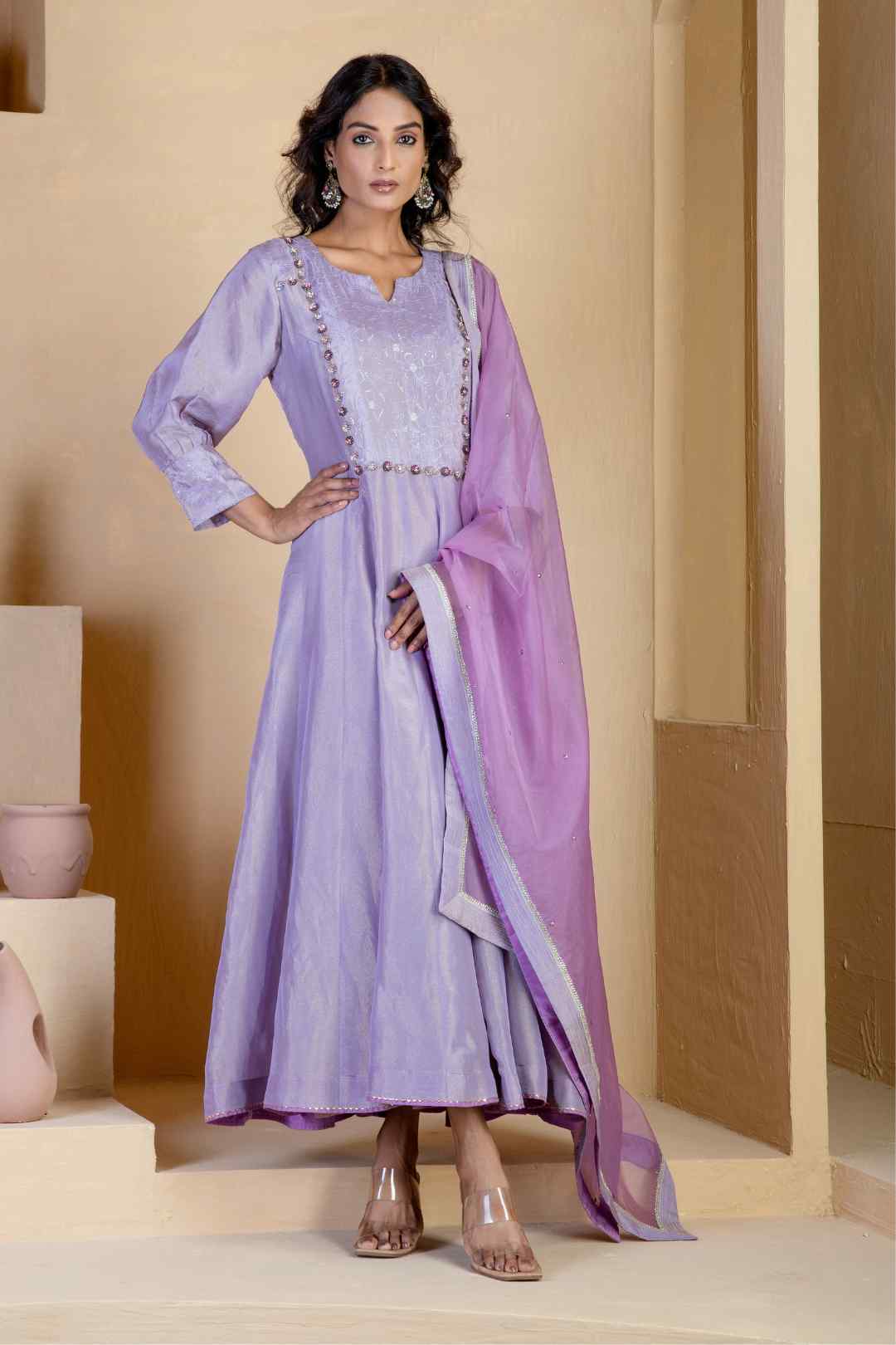 Lavender Shimmer Silk Tissue Anarkali Kurta Sets - Ritivesh By Ritika Aggarwal