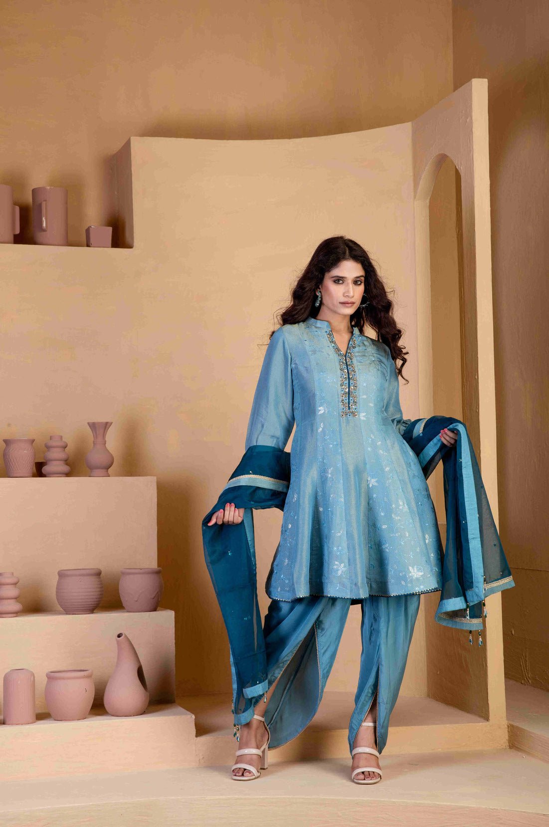 Light Steel Blue Kurta Set - Ritivesh By Ritika Aggarwal