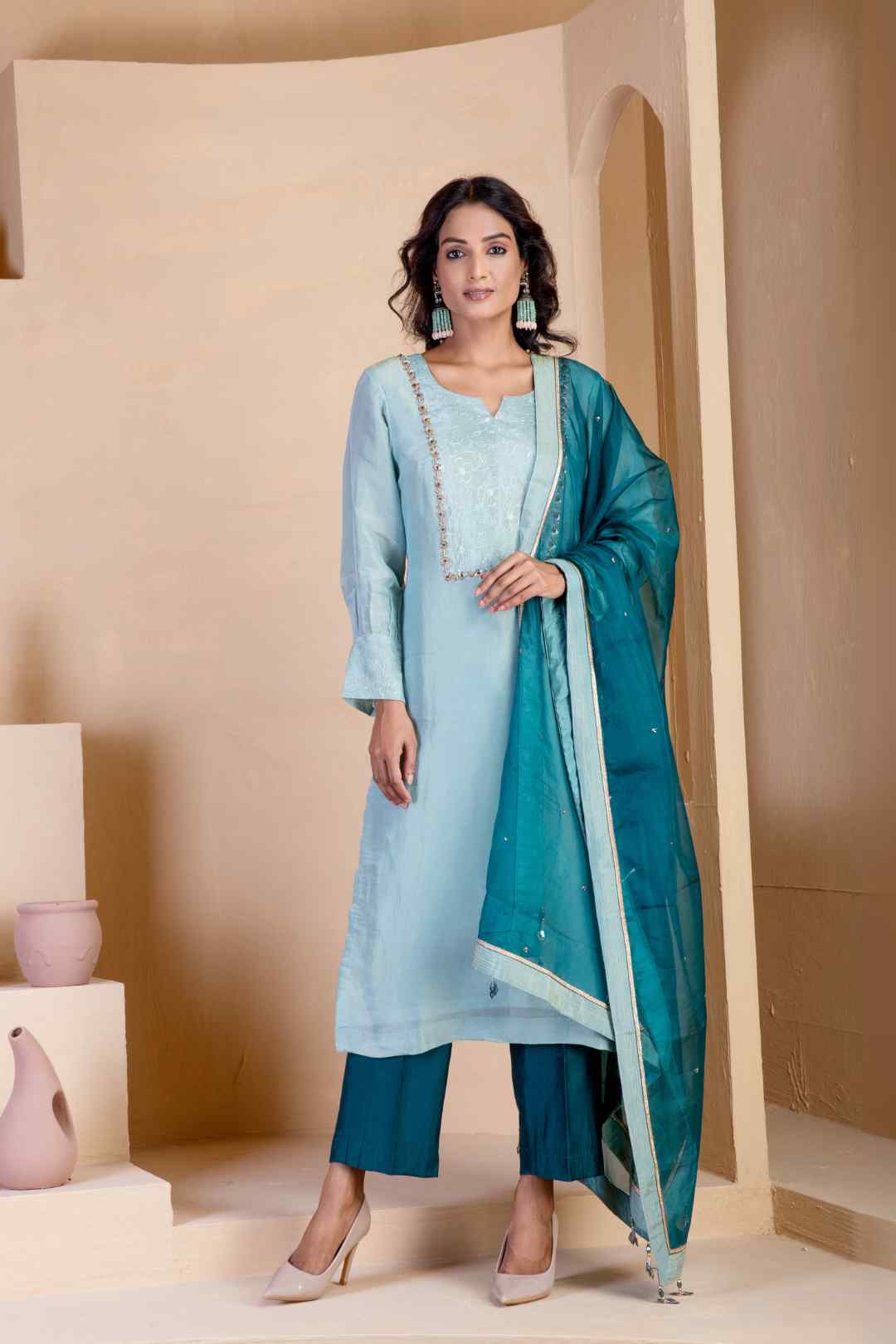 Light Steel Blue Kurta Set - Ritivesh By Ritika Aggarwal